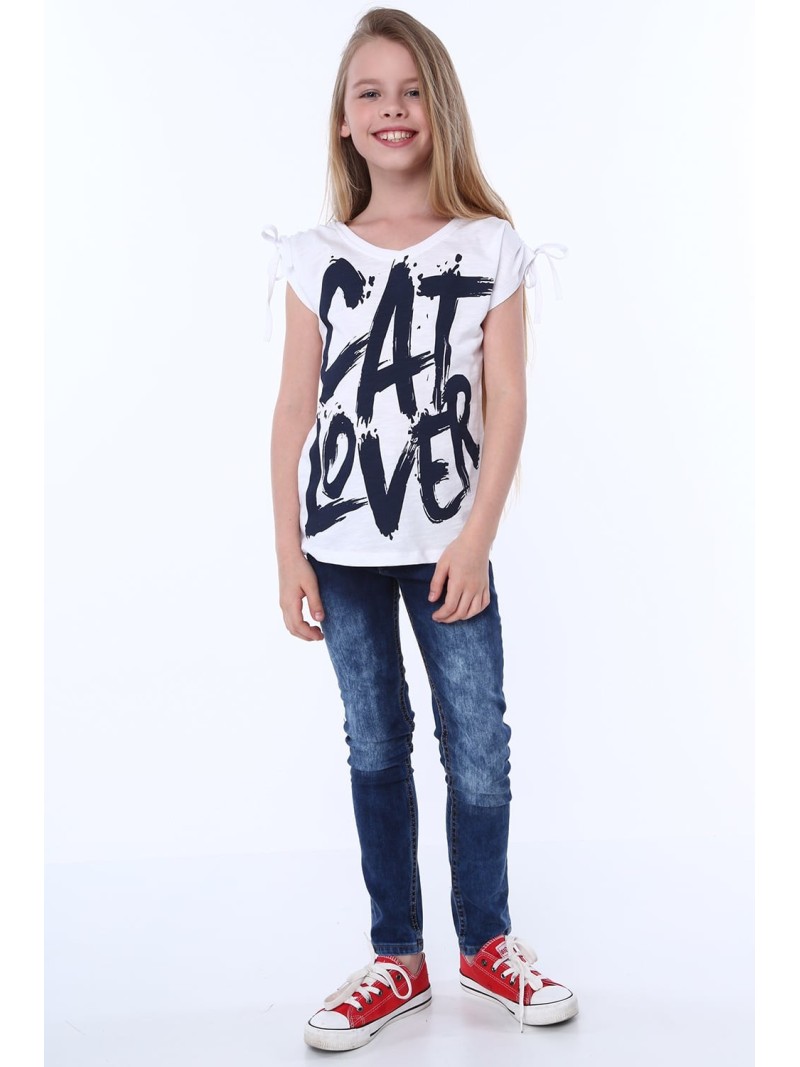 Girls\' blouse with short sleeves and an inscription, white NDZ81690 - Online store - Boutique